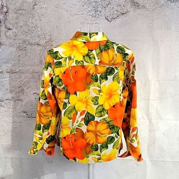 Coldwater Creek jean jacket tropical floral print - orange & yellow Size S - Picture 6 of 9